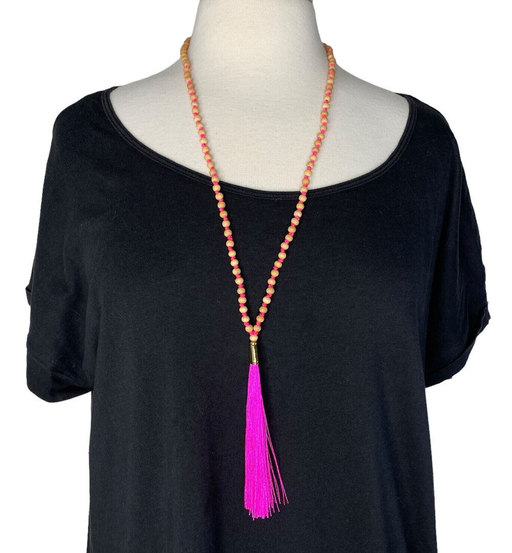 SHIRALEAH New Wood & Pink Beaded Bali Fringe Statement Necklace Giftable